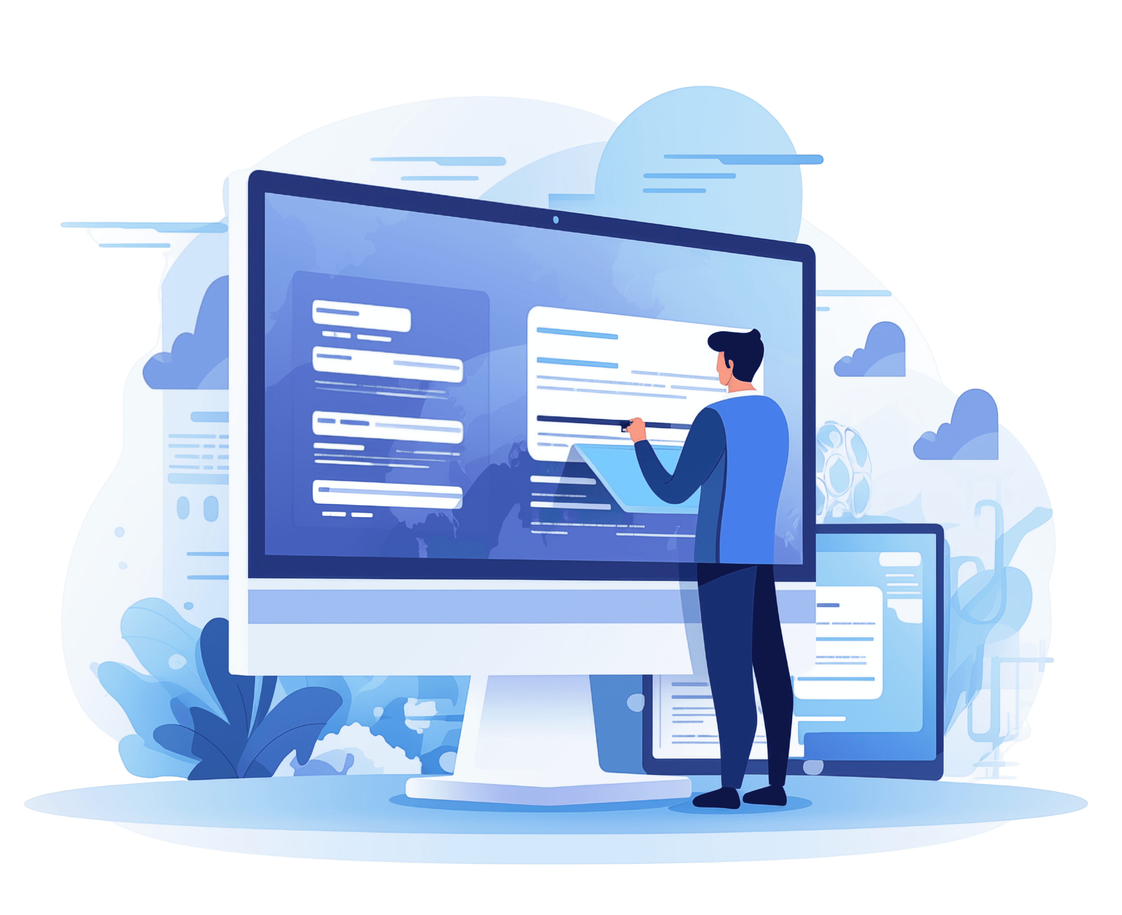 Hero image showing cartoon people designing a website