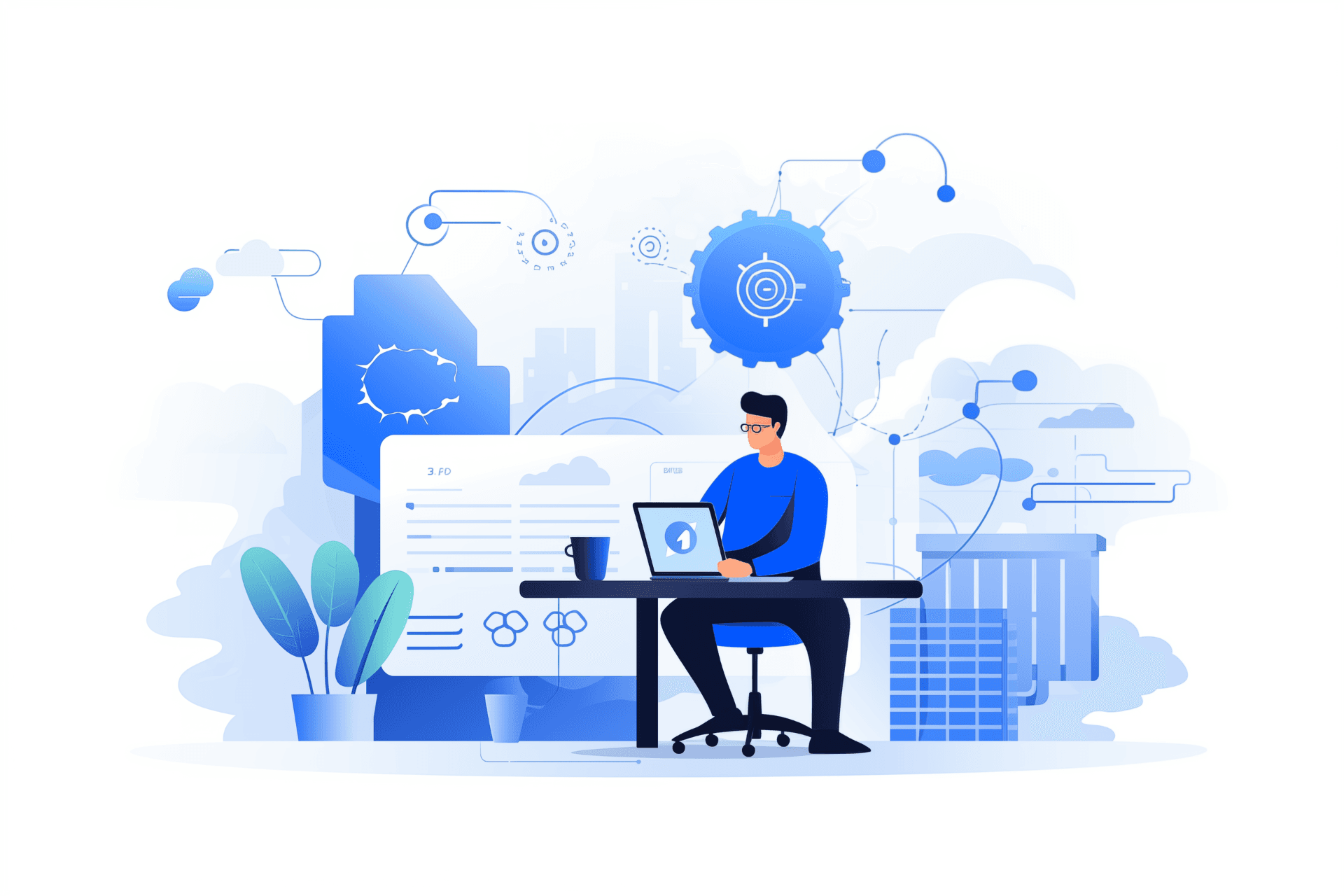 An illustration of a man sitting at a desk with a laptop in a modern office setting, surrounded by abstract representations of digital innovation and connectivity, including gears, cloud computing icons, and network diagrams.