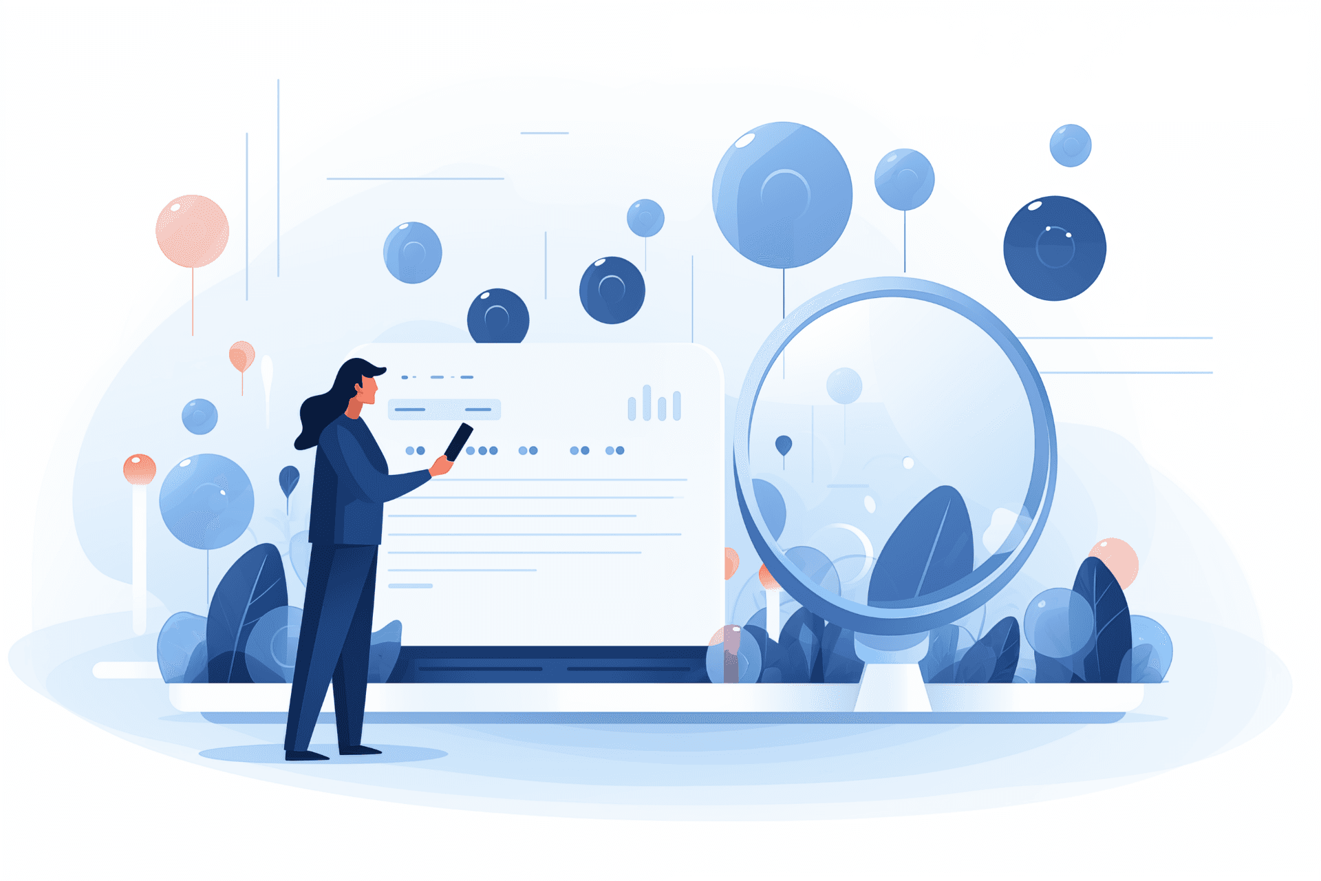 An employee appears on screen, engaging with a timesheet app, depicted in a style that merges otherworldly illustrations with a scholarly vibe. The artwork is colored in shades of light navy and gray, with elements of spherical sculptures, set against a panoramic scale that adds depth to the charming character illustration, reminiscent of writer academia.