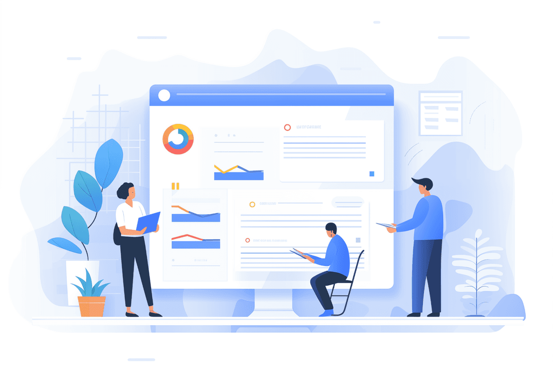 Two individuals are focused on a laptop displaying intricate web analytics dashboards, rendered in a minimalist illustrator style characteristic of editorial graphics. The scene is composed of light gray and indigo hues, with a contemporary metallurgy feel. The characters are charmingly illustrated on a gigantic scale, reminiscent of the Nul group's artistic direction.