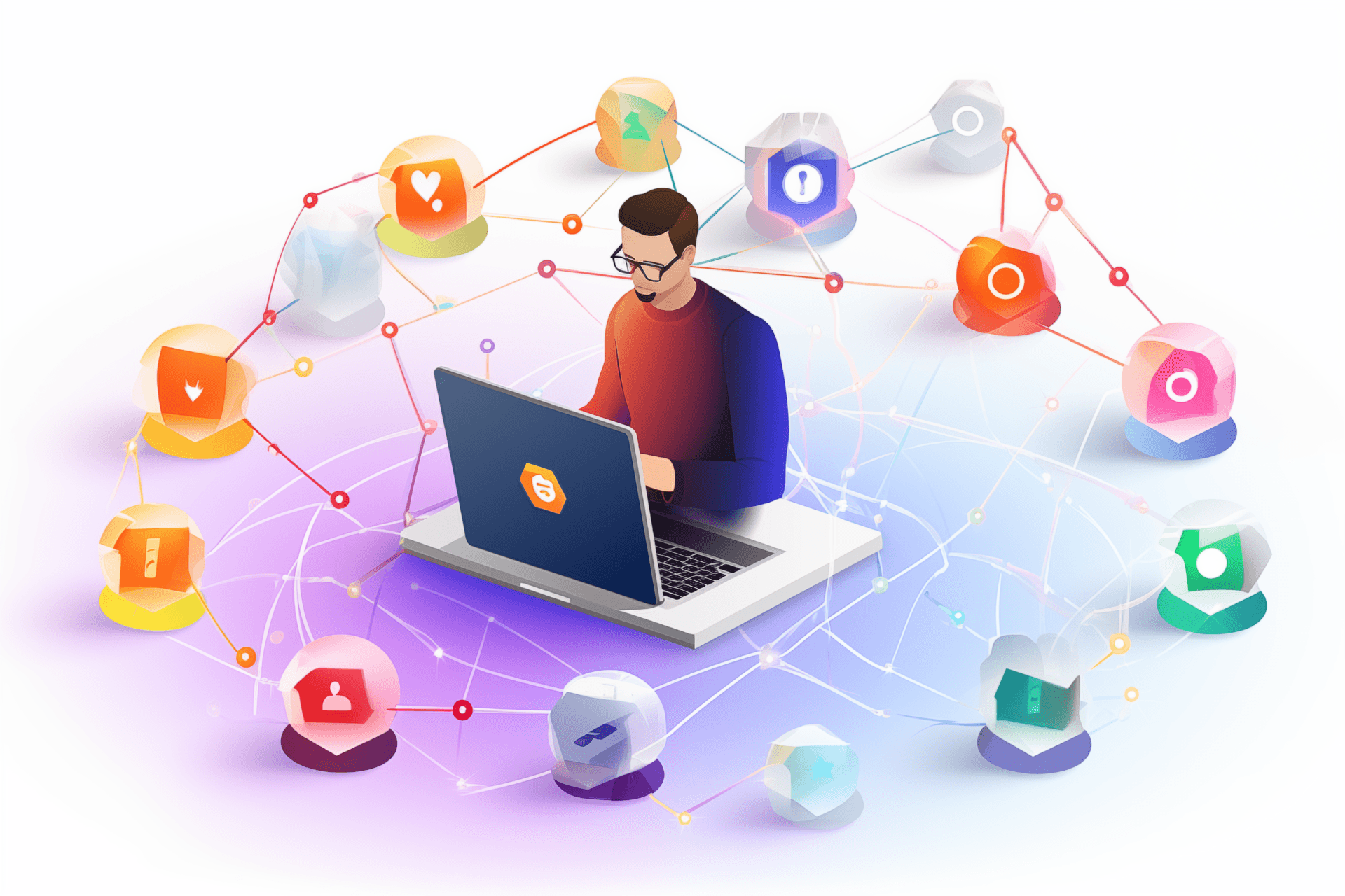 An isometric icon representing cybersecurity, crafted in a palette of light maroon and orange, infused with the aesthetic of social media portraiture. The design blends light sky-blue and dark orange tones, reminiscent of Daz3D models and Dan Matutina's graphical style, with the softness of watercolor illustrations in light purple and light orange.